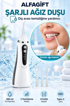 ALFAGİFT Şarjlı Kablosuz Ağız Duşu ve Diş Arası Temizleme Cihazı 200 ml 3 Modlu 4 Başlıklı Type-C Beyaz