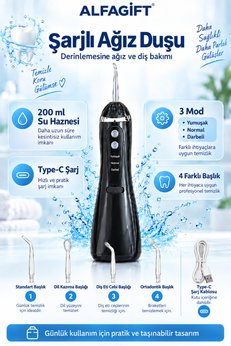 ALFAGİFT Şarjlı Kablosuz Ağız Duşu 200 ml 4 Başlıklı 3 Modlu USB Type-C Diş Arası Temizleme Cihazı