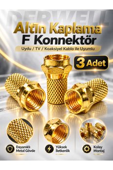 Derwell 3 Adet Gold F Tipi Uydu Konnektörü RG6 Koaksiyel Anten Kablo Ucu Giriş Jakı Televizyon Çanak Bağlantı Aparatı Yüksek İletkenlik Kayıpsız Sinyal Güçlü İletim Sabitleme Metal Gövdeli Dişli Vidali