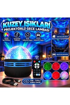 sgeteknoloji SGE Teknoloji Kuzey Işıkları Yansıtmalı Kumandalı Dönen Projeksiyon Gece Lambası - Çocuk Bebek Odası
