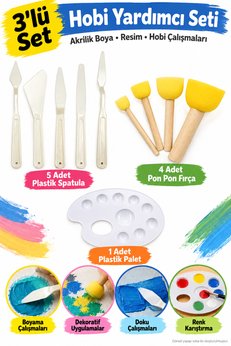Hobialem 3 Lü Set Plastik Spatula Pon Pon Fırça Ve Palet Yardımcı Set Hobi Çalışmaları Akrilik Boya