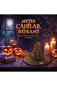 Evimdeyokyok Gold Renk Cadı Ve Örümcek Baskılı Cadı Şapkası 32X37 Cm