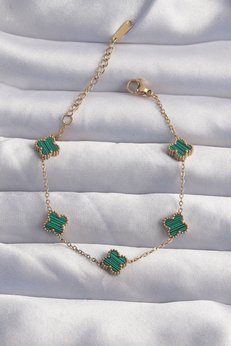 Evimdeyokyok 316L Çelik Baby Boy Gold Renk Çizgili Yeşil Mineli Yonca Bileklik Tj-Bb6271
