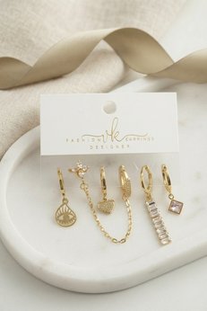Evimdeyokyok Gold Renk Pirinç Baget Zirkon Taş Detaylı 6 Lı Küpe Kombin Seti Tj-Bkp12132
