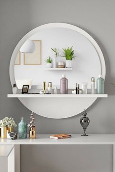 nysamo Yuvarlak Raflı 45cm Beyaz Koridor Dresuar Konsol Duvar Salon Banyo Ofis Çocuk Yatak Oda Raflı Aynası