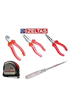 İzeltaş 5 Parça El Aleti Seti Pense + Yankeski + Kargaburun + 5 Mt+ Kontrol Kalemi 190 Mm Düz Uçlu