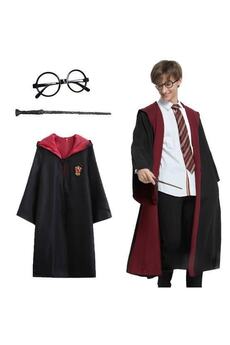 Go İthalat Harry Potter Gryffi̇ndor Kapi̇şonlu Çocuk Kostüm + Asa + Gözlük Seti̇ 9-10 Yaş