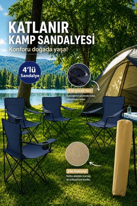 Walke 4 Lü Katlanabilir Kamp Sandalyesi Piknik Sandalyesi Plaj Sandalyesi Mavi Taşıma Çantalı