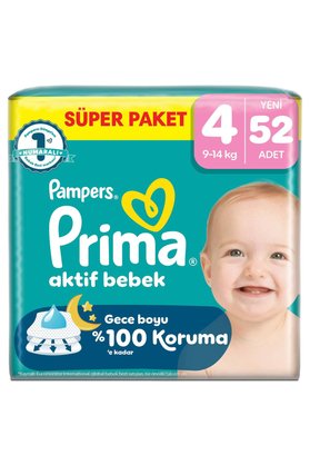 Prima Bebek Bezi Aktif Bebek Süper Paket 4 Beden 52 Adet