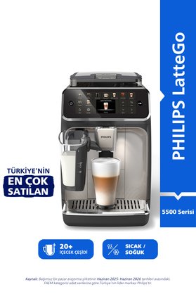 Philips 5500 Serisi LatteGo Tam Otomatik Espresso Makinesi 20 Sıcak ve Soğuk İçecek SilentBrew EP5547/90