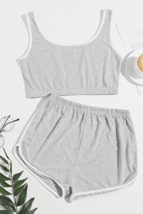 Trend Kadın Gri̇ Askılı Crop Top Ve Şortlu Geceli̇k Takım