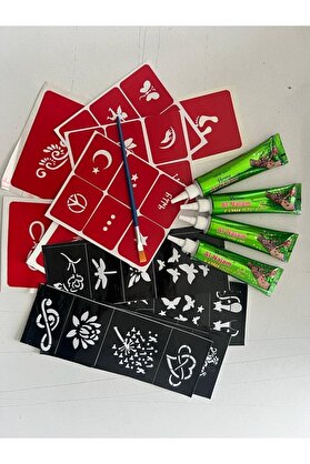 Ai̇rbrush Tattoo 4 Tüp Kırmızı Kına 30 Şablon Ve Fırça Hedi̇yeli̇ Geçi̇ci̇ Dövme Seti̇