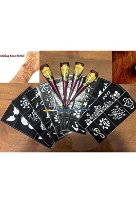 Ai̇rbrush Tattoo Doğal Kına Rengi̇ Jumbo Boy 50 Gram 4 Koni̇ Kına Ve 10 Sayfa Şablon Hedi̇yeli̇ Set