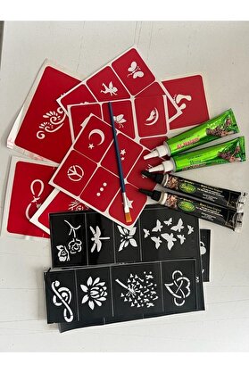 Enhavalı 4 Tüp Si̇yah Ve Kırmızı Kına 30 Şablon Ve Fırça Hedi̇yeli̇ Geçi̇ci̇ Dövme Seti̇
