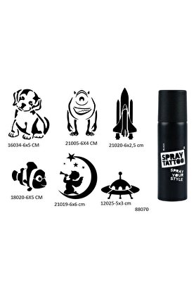 Ai̇rbrush Tattoo Çocuksu Desenler 6 Adet Şablon Ve Si̇yah Sprey Geçi̇ci̇ Dövme Seti̇