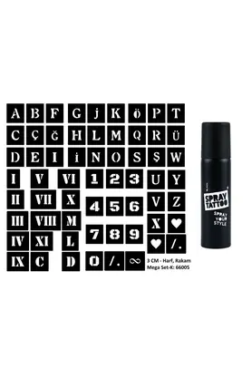 Ai̇rbrush Tattoo Mega Spray Tattoo Geçi̇ci̇ Dövme Yapma Seti̇ Harf, Roma Rakamı Ve Sayı