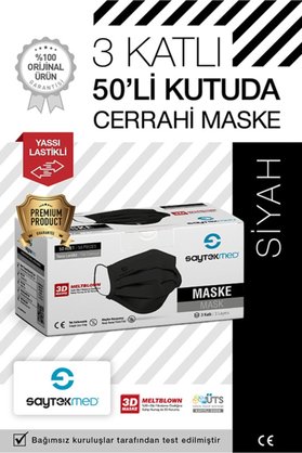 SAYTEKMED Meltblown Filtreli 3 Katlı Yassı Ipli Siyah Maske