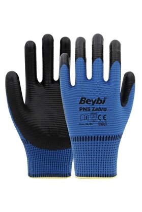 Beybi PN5 Zebra Polyester Örme Nitril Eldiven Mavi - 5 Çift