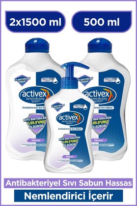 Activex Antibakteriyel Sıvı Sabun Hassas 2x1.5 Lt 500 Ml Nemlendirici İçerir