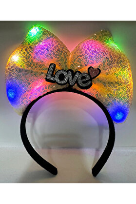 Go İthalat Led Işıklı 3 Farklı Fonksi̇yonda Yanan Gümüş Love Yazılı Sarı Fi̇yonk Taç 20X17 Cm (4130)
