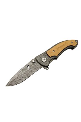 evimdeyokyok Browning 2-31 Damascus Kamp Çakı 19,5cm - Yarı Otomatik, Ahşap; Metal Sap