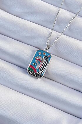 Lumetra Store 316L Çelik Zincir Gümüş Renk Taç Ve Kız Figürlü Renkli Mineli Tarot Kolye