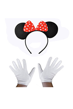 Ethab Ticaret Kırmızı Fiyonklu Minnie Mouse Tacı Ve Beyaz Eldiven Seti