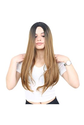 Colezium Fiber Sentetik Uzun Düz Peruk / Siyah / Karamel Ombreli