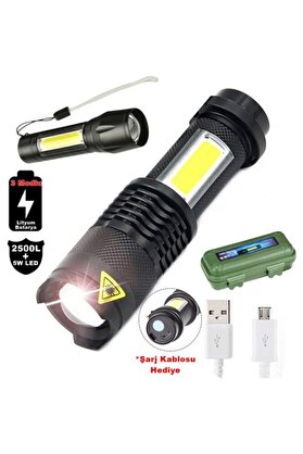 Go İthalat Su Geçi̇rmez Şarjlı El Feneri̇ 2500 Lumens + 5W Cob Led Usb Li̇on Şarjlı Ultra Güçlü