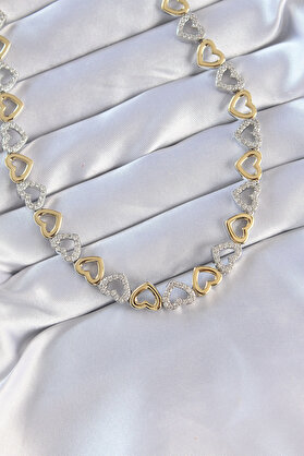 Uslucan Alışveriş Vip Seri Pirinç Çift Renk Zirkon Taşlı İçi Boş Kalp Tasarımlı Kolye