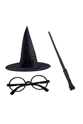 evimdeyokyok Harry Potter Siyah Şapkası Harry Potter Gözlüğü Harry Potter Asası 3 lü Set