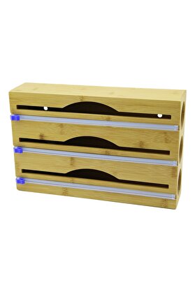 Go İthalat 3In1 Ahşap Bambu Streçli̇k Folyoluk Kesi̇ci̇ Bıçak Kanallı 22X34Cm (5263)