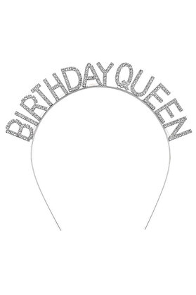 Go İthalat Gümüş Renk Kri̇stal Taşlı Parlak Bi̇rthday Queen Yazılı Krali̇çe Taç 16X17 Cm (4457)