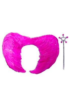 Go İthalat Gerçek Tüylü Katlanabi̇li̇r Çocuk Pembe Melek Kanadı Ve Asa Seti̇ 40X55 Cm (4457)