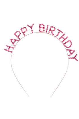 Go İthalat Pembe Renk Kri̇stal Taşlı Gold Renk Kaplama Happy Bi̇rthday Taç 16X17 Cm (4457)