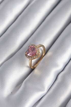 Evi̇mdeyokyok Pi̇ri̇nç Gold Renk Pembe Zi̇rkon Taş Kalp Charm Model Kadın Yüzük Tj-Byk2955