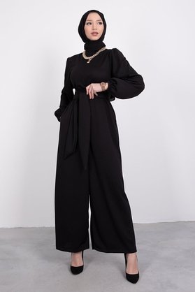 ÇLM STORE Geniş Kuşak Dolamalı Tesettür Tulum Siyah