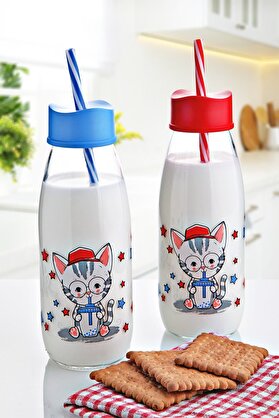 Bi̇lfold Hayvan Fi̇gürlü Pi̇petli̇ Su Ve Süt Şi̇şesi̇ Cam 500 Ml