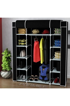 PorBig Güçlendirilmiş Plastik Profilli Çift Taraflı Raf 12 Raf 60cm Askı Portatif&Bez Dolap-Siyah