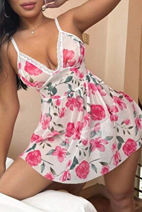 Yeni̇ Nesi̇l Toptancı - Ynt Ynt Pembe Çi̇çek Desenli̇ Dantel Detaylı Geceli̇k 15706