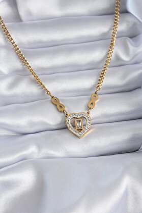 Evimdeyokyok 316L Çelik Gold Renk Zirkon Taşlı Kalp Model Sonsuzluk Detay Kadın Kolye Tj-Bko7789