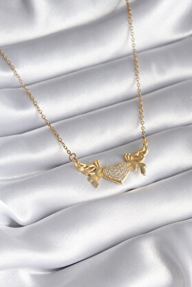 Evimdeyokyok 316L Çelik Gold Renk Zirkon Taşlı Kanatlı Kalp Model Kadın Kolye Tj-Bko8290