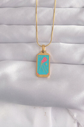Evimdeyokyok 316L Çelik Gold Renk Mavi Mineli Tarot Kolye Tj-Bko9030
