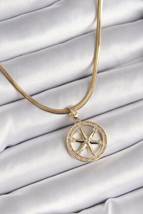 Gürbelle Özel_316L Çelik Gold Renk İtalyan Zincir Zirkon Taşlı Kutup Yıldız Model Kadın Kolye