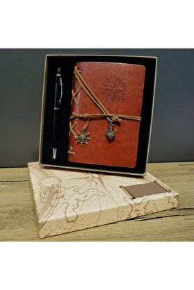 evimdeyokyok Pusula Baskılı Deri Defter Kalem Seti