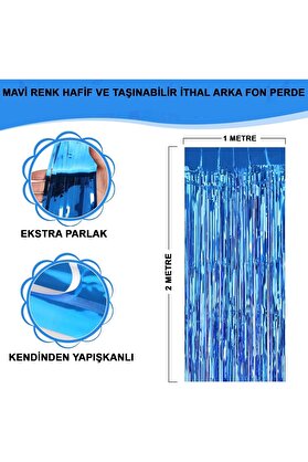 Skygo Mavi Renk Ekstra Metalize Parlak Saçaklı Arka Fon Perde İthal A Kalite 1x2 Metre