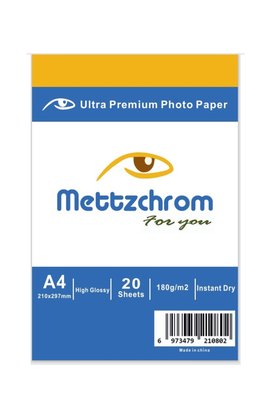 Mettzchrom A4 180g Parlak Inkjet Fotoğraf Kağıdı 20 Sayfa Epson Hp Uyumlu Fotoğraf Kağıtları