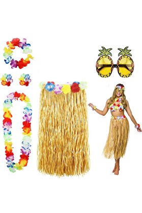 evimdeyokyok Hawaii Parti Kostüm Seti - 60 cm Hasır Etek, Çiçekli Aksesuarlar ve Ananas Gözlük TdrTR