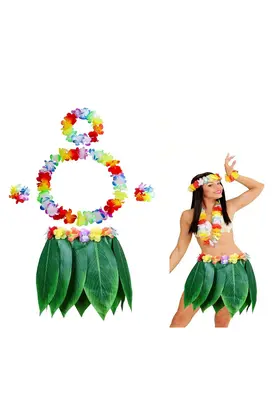Evi̇mdeyokyok Yeti̇şki̇n Hawai̇i̇ Kostüm Seti̇ - Yaprak Etek &Amp Hawai̇i̇ Set - 5 Parça