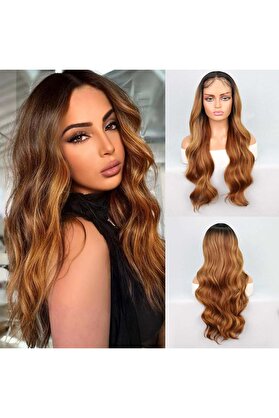 Colezium Siyah Karamel Balköpüğü Ombre Fiber Sentetik Geniş Dalgalı Tül Peruk
